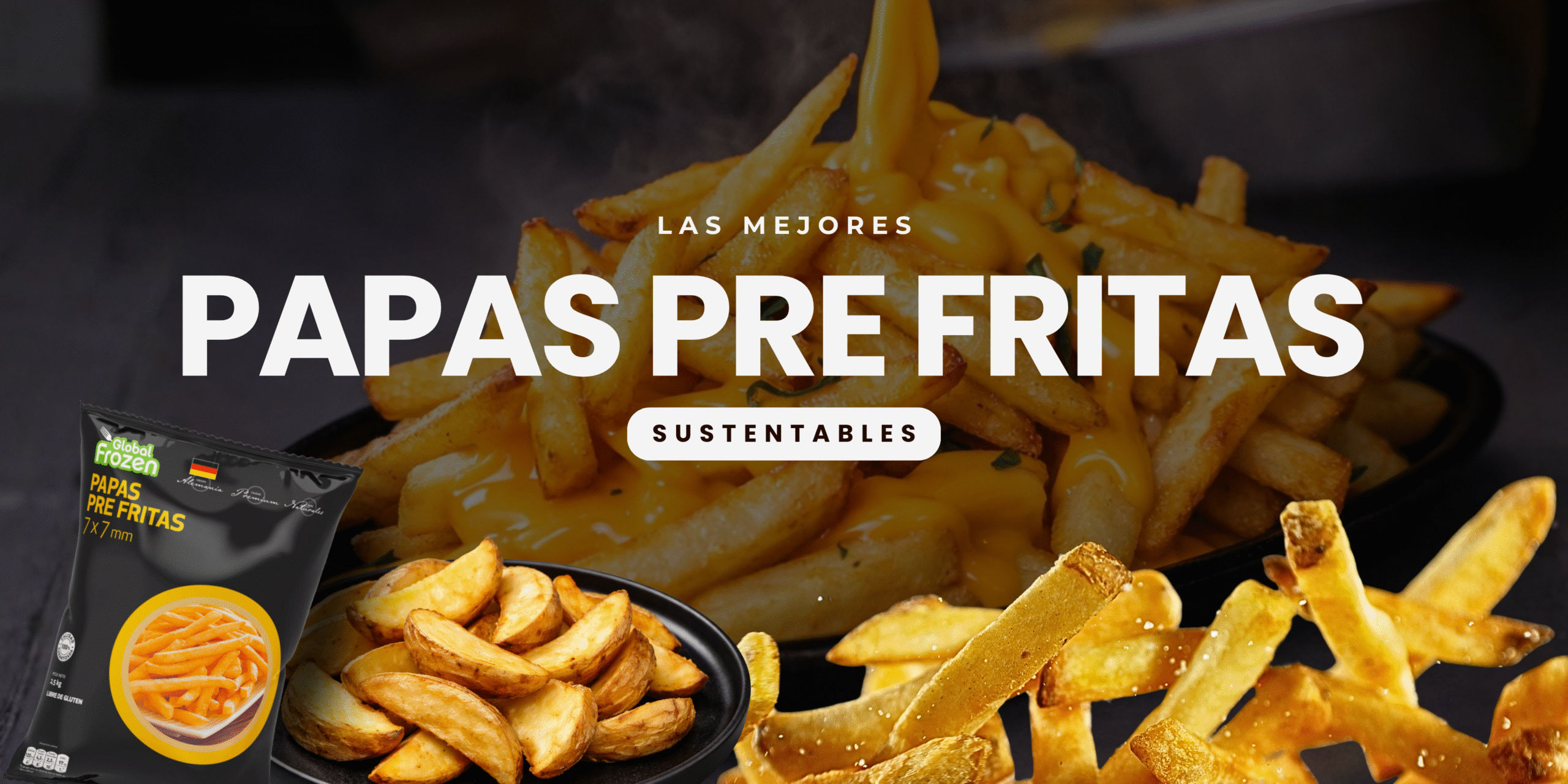 Papas prefritas Global Frozen en diferentes cortes con presentación gourmet y papas fritas con queso en primer plano