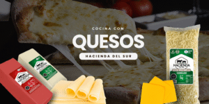 Quesos Hacienda del Sur en cocina profesional con mozzarella granulado, gouda y cheddar sobre preparación tipo pizza
