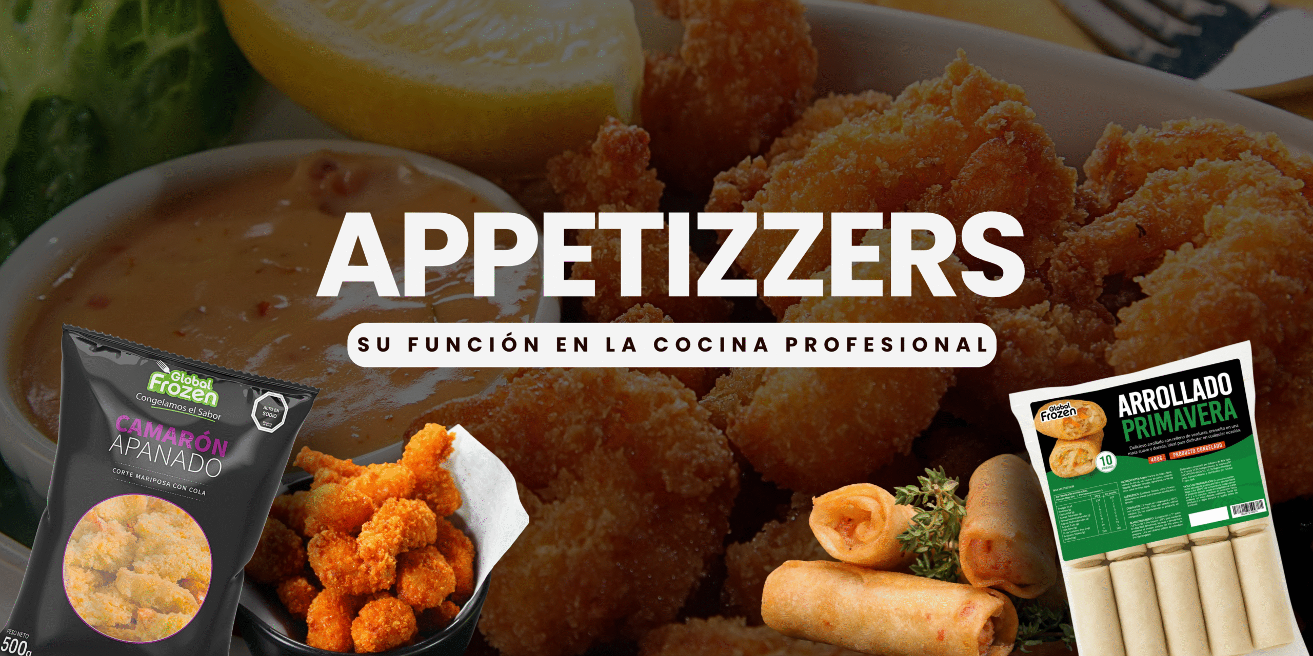 Appetizers congelados como camarones apanados y Arrollados primavera listos para cocina profesional
