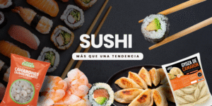 Banner promocional de Global Frozen sobre sushi, con piezas de sushi, camarones cocidos, gyozas de camarón y productos congelados de la marca sobre un fondo oscuro de estilo gastronómico.